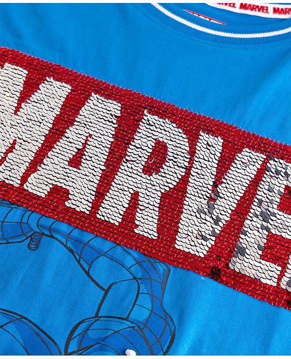 Pine Kids Marvel 100% Cotton Single Jersey Knit Half Sleeves T-Shirts with Spider Man Graphic and Marvel Reversible Sequins - Blue