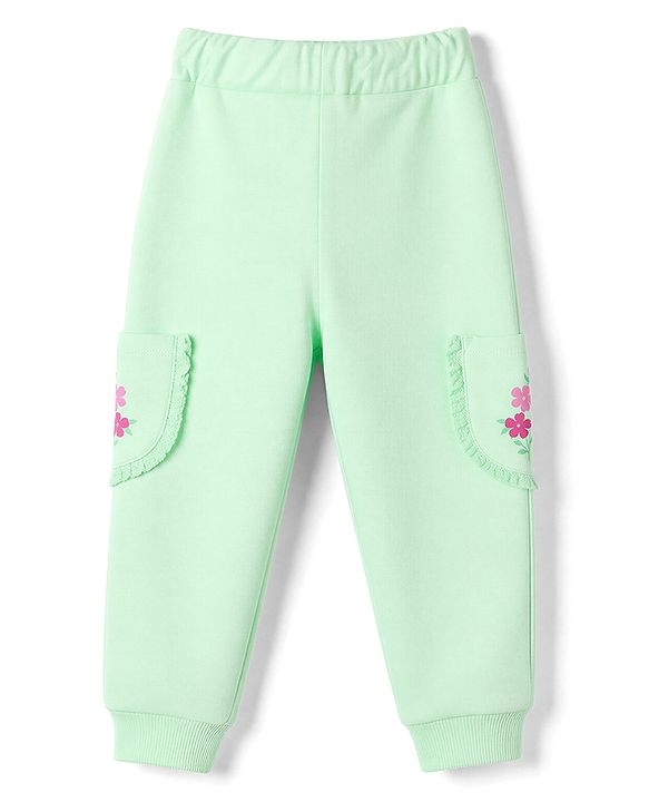 Babyhug 100% Cotton Looper Knit Full Length Lounge Pant With Floral Print - Green