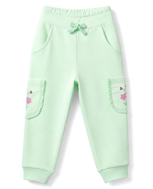 Babyhug 100% Cotton Looper Knit Full Length Lounge Pant With Floral Print - Green