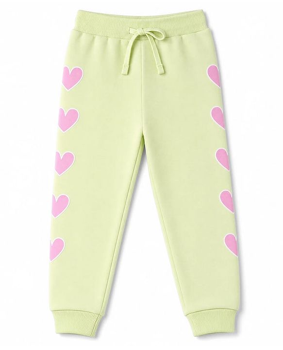Babyhug 100% Cotton Looper Knit Full Length Heart Embroidered Lounge Pant - Lime Green