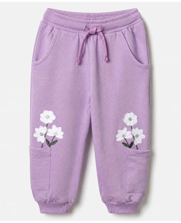 Babyhug Cotton Looper Knit Full Length Track Pants With Floral Print - Purple
