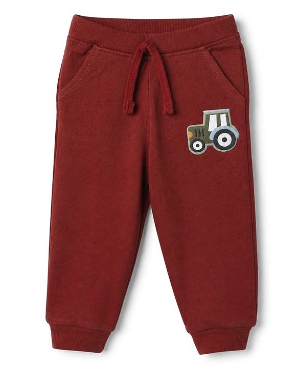 Babyhug Cotton Looper Knit Full Length Track Pant with Tractor Patch - Rust Orange