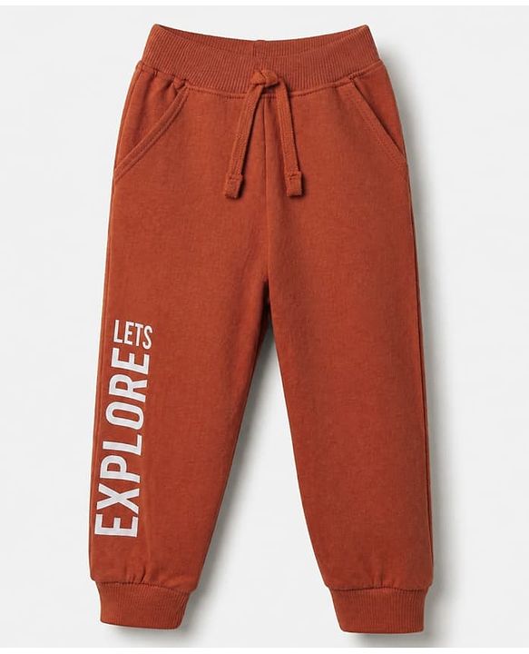 Babyhug Cotton Looper Knit Full Length Jogger Fit Lounge Pant with Lets Explore Print in Rust Orange