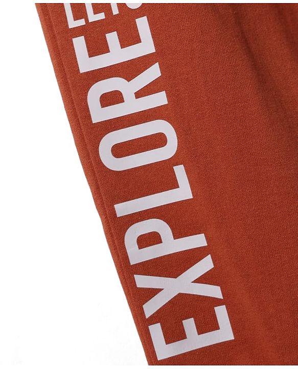 Babyhug Cotton Looper Knit Full Length Jogger Fit Lounge Pant with Lets Explore Print in Rust Orange