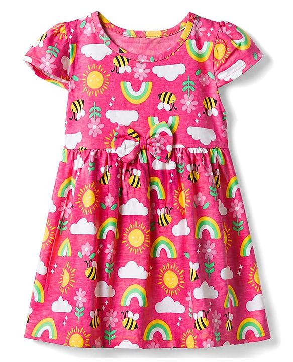 Babyhug Single Jersey Knit Half Sleeves Frock With Rainbow Bees & Floral Print - Pink
