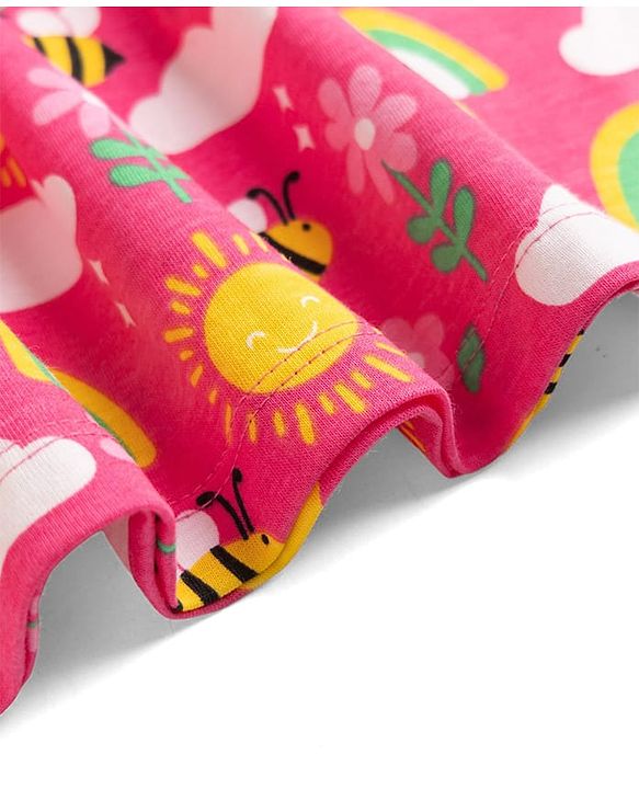 Babyhug Single Jersey Knit Half Sleeves Frock With Rainbow Bees & Floral Print - Pink