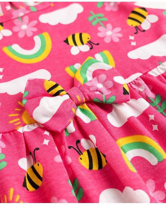 Babyhug Single Jersey Knit Half Sleeves Frock With Rainbow Bees & Floral Print - Pink