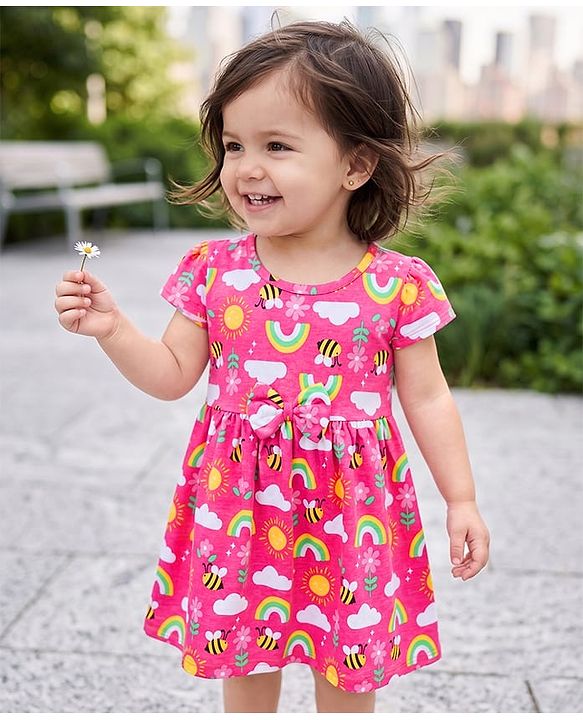 Babyhug Single Jersey Knit Half Sleeves Frock With Rainbow Bees & Floral Print - Pink