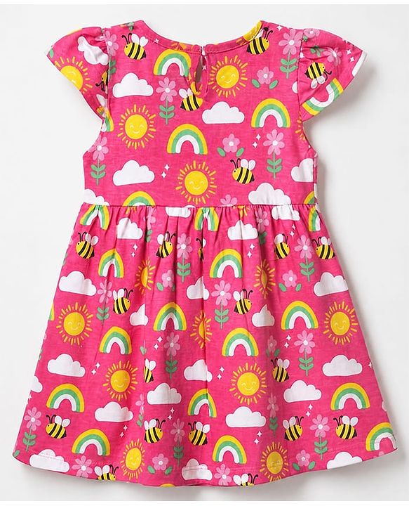 Babyhug Single Jersey Knit Half Sleeves Frock With Rainbow Bees & Floral Print - Pink