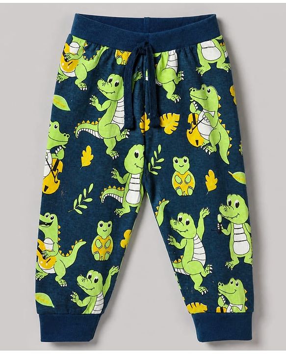 Babyhug Cotton Jersey Knit Full Length Jogger Fit Lounge Pant with Crocodile Print Pack of 2 in Navy Blue Lime Green