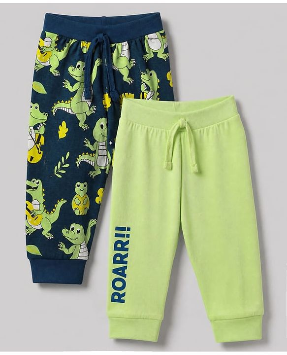 Babyhug Cotton Jersey Knit Full Length Jogger Fit Lounge Pant with Crocodile Print Pack of 2 in Navy Blue Lime Green