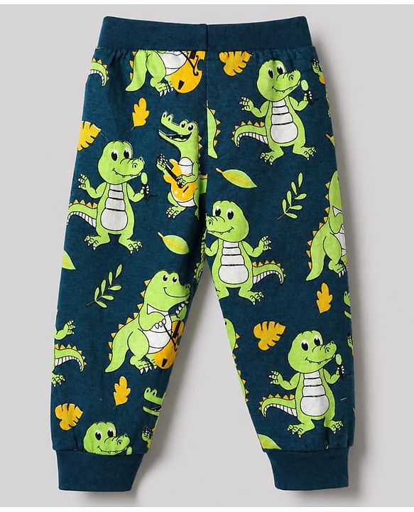 Babyhug Cotton Jersey Knit Full Length Jogger Fit Lounge Pant with Crocodile Print Pack of 2 in Navy Blue Lime Green