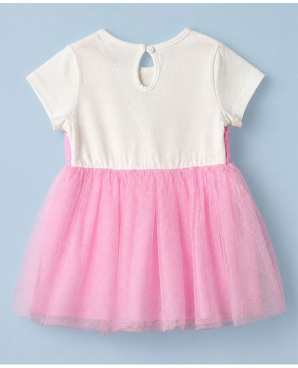 Babyhug Woven Half Sleeves Frock with Bloomer and Rabbit Embroidery in Pink