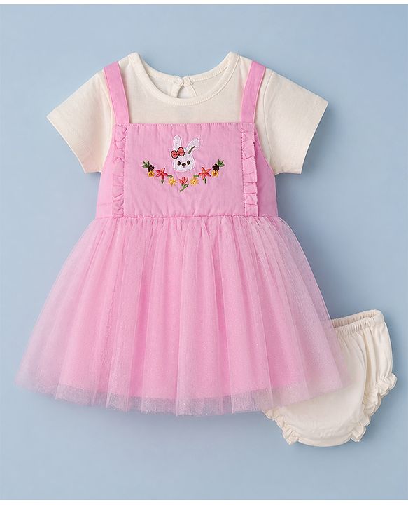 Babyhug Woven Half Sleeves Frock with Bloomer and Rabbit Embroidery in Pink