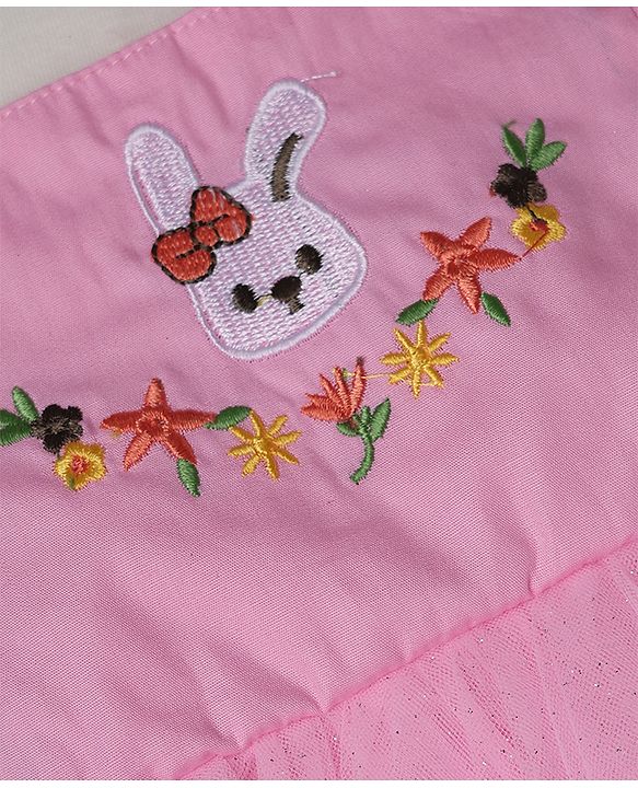 Babyhug Woven Half Sleeves Frock with Bloomer and Rabbit Embroidery in Pink