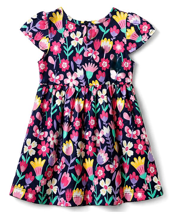 Babyhug Single Jersey Knit Frock with Half Sleeves and Floral Print in Blue