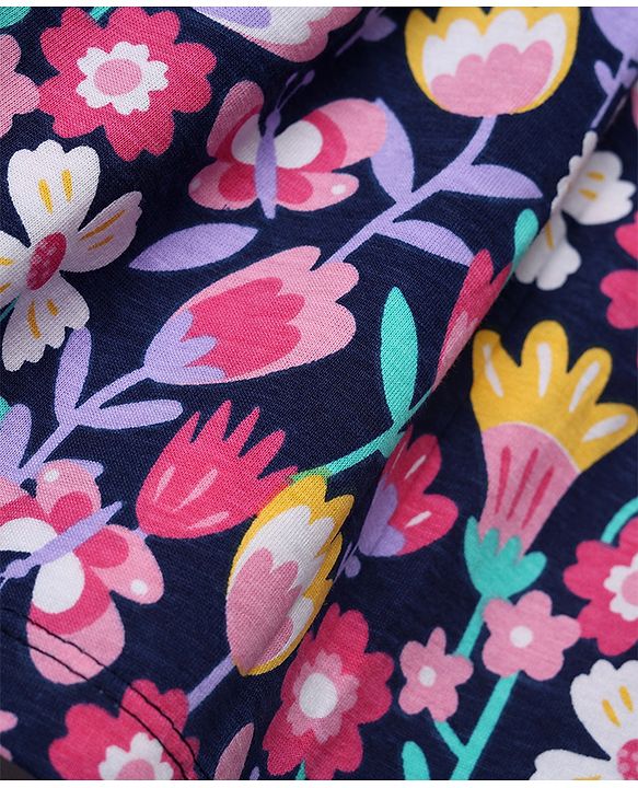 Babyhug Single Jersey Knit Frock with Half Sleeves and Floral Print in Blue