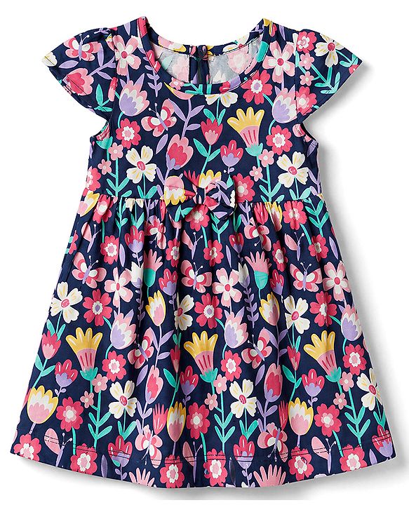 Babyhug Single Jersey Knit Frock with Half Sleeves and Floral Print in Blue