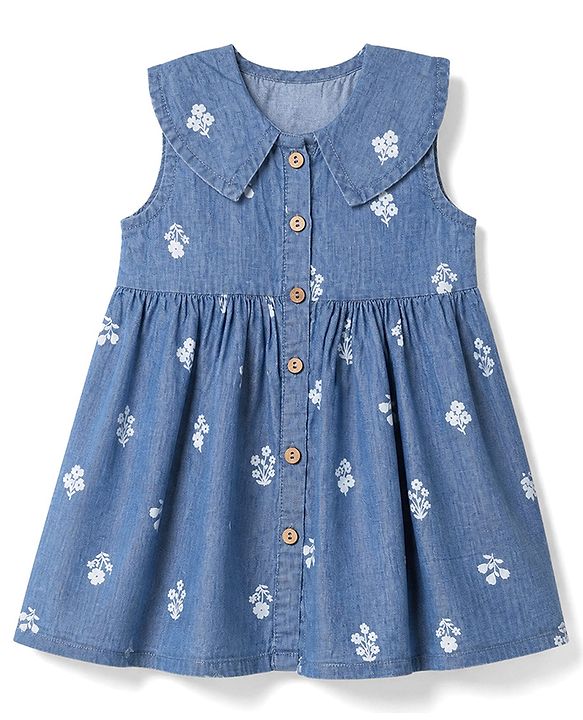 Babyhug Denim Woven Frock with Sleeveless and Floral Print in Blue