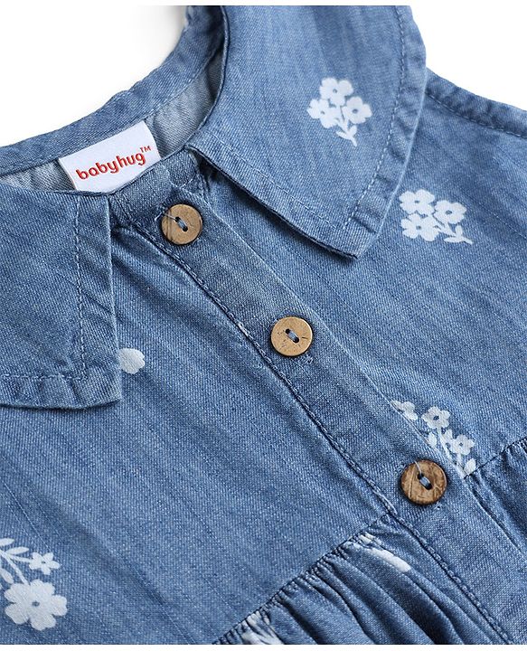 Babyhug Denim Woven Frock with Sleeveless and Floral Print in Blue