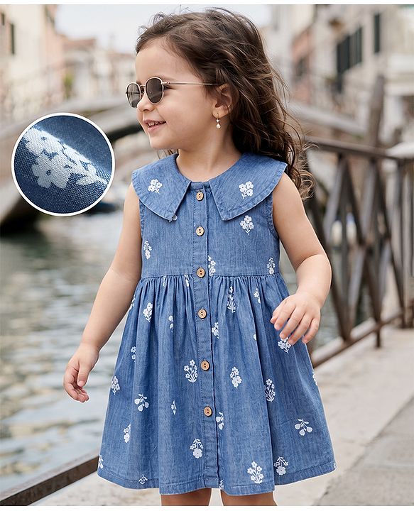 Babyhug Denim Woven Frock with Sleeveless and Floral Print in Blue