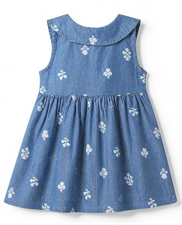 Babyhug Denim Woven Frock with Sleeveless and Floral Print in Blue
