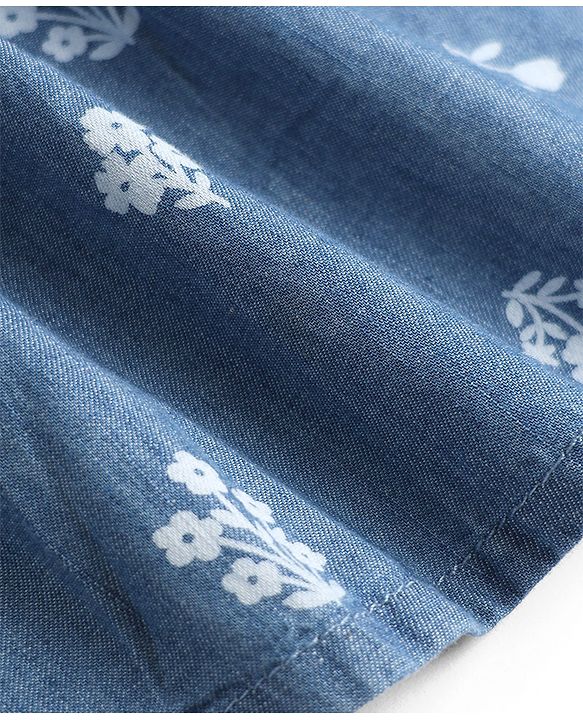 Babyhug Denim Woven Frock with Sleeveless and Floral Print in Blue