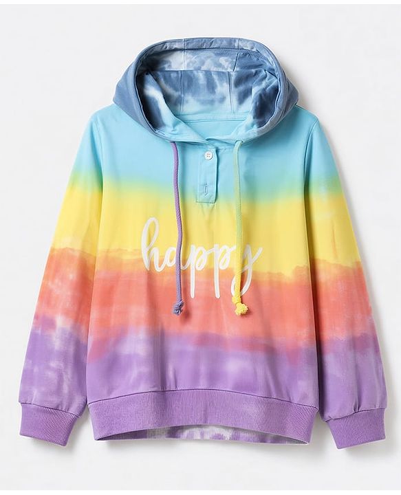 Pine Kids Cotton Knit Sweatshirt with Full Sleeves and Happy Text Print - Light Blue