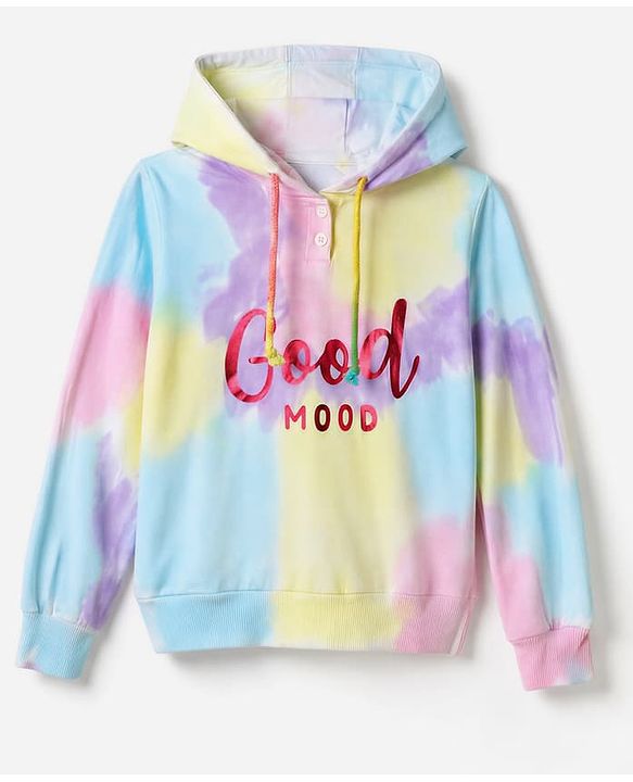 Pine Kids Cotton Knit Hooded Sweatshirt With Full Sleeves and Good Mood Text Print - Light Blue