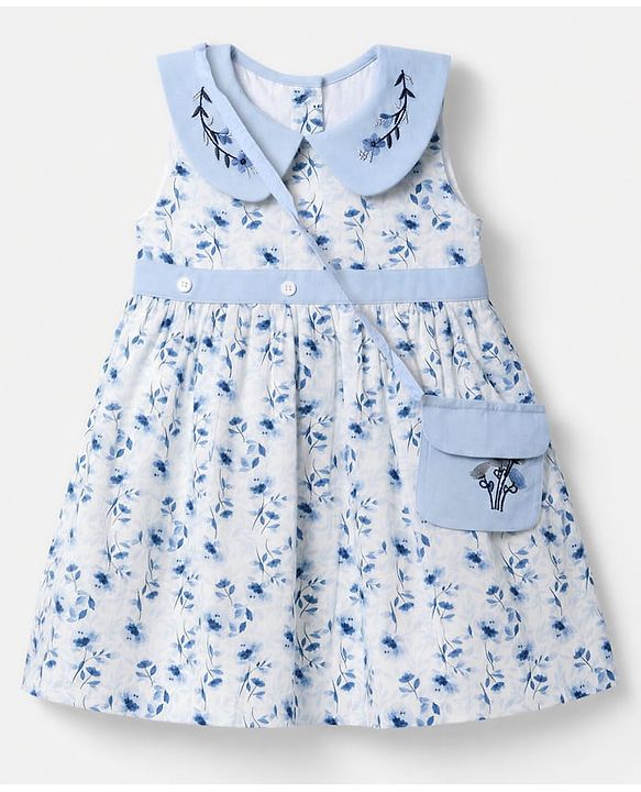 Babyhug Poplin Woven Dress and Purse with Sleeveless and Floral Print - White