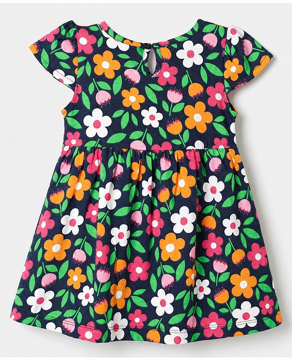 Babyhug Single Jersey Knit Frock with Half sleeves and Floral Print in Navy in Blue