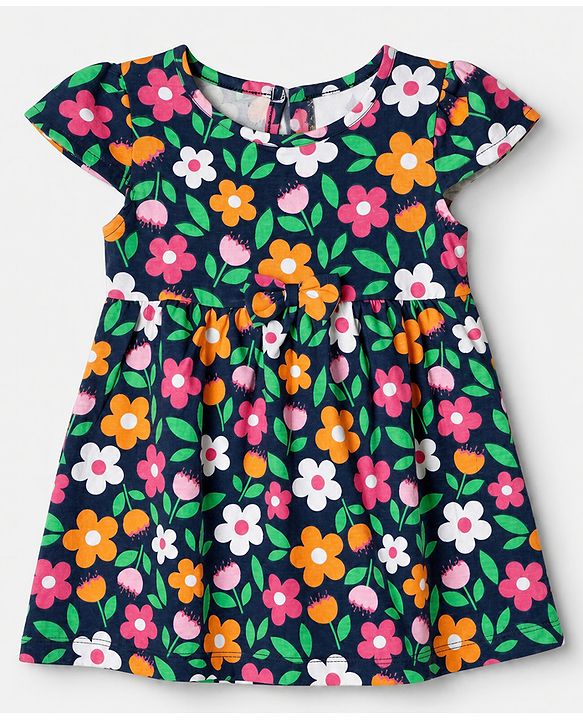 Babyhug Single Jersey Knit Frock with Half sleeves and Floral Print in Navy in Blue