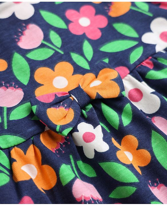 Babyhug Single Jersey Knit Frock with Half sleeves and Floral Print in Navy in Blue