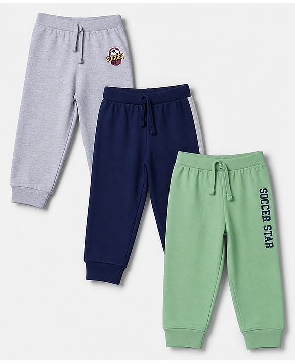 Babyhug 100% Cotton Looper Knit Full Length Joggers With Soccer Star Text Print - Grey, Navy Blue & Olive Green