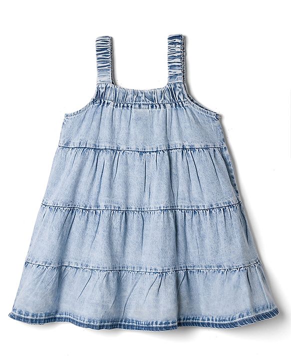 Babyhug Woven Sleeveless Denim Tiered Frock with Ice Cream Embroidery - Blue