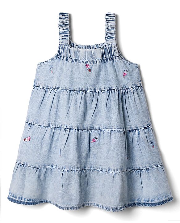 Babyhug Woven Sleeveless Denim Tiered Frock with Ice Cream Embroidery - Blue