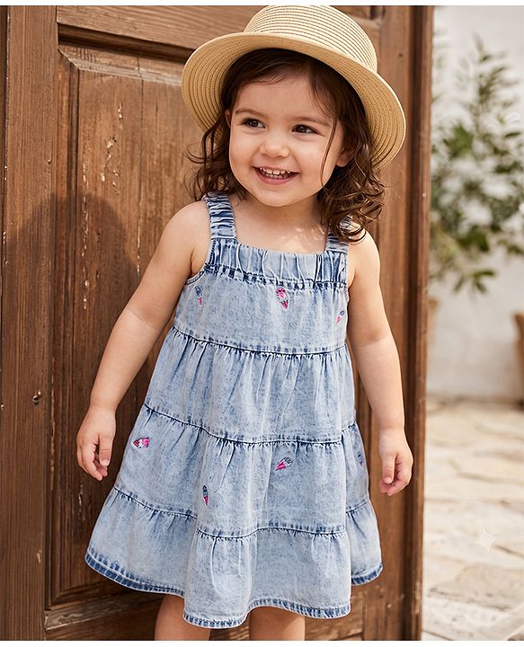 Babyhug Woven Sleeveless Denim Tiered Frock with Ice Cream Embroidery - Blue