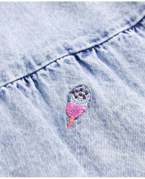 Babyhug Woven Sleeveless Denim Tiered Frock with Ice Cream Embroidery - Blue