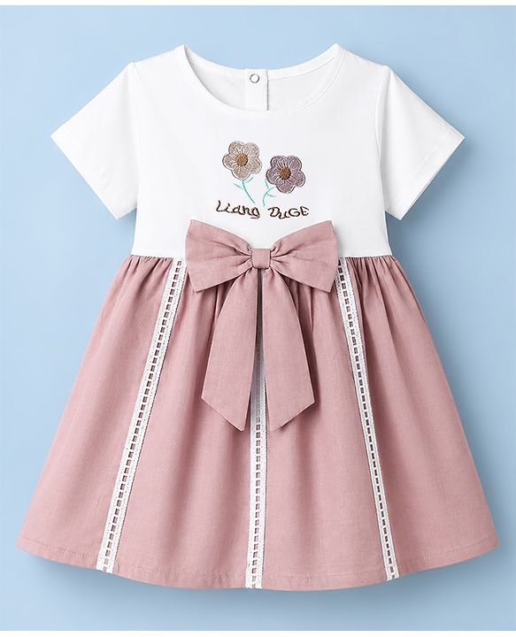 Babyhug Poplin Woven Frock with Half Sleeves and Floral Embroidery in Pink