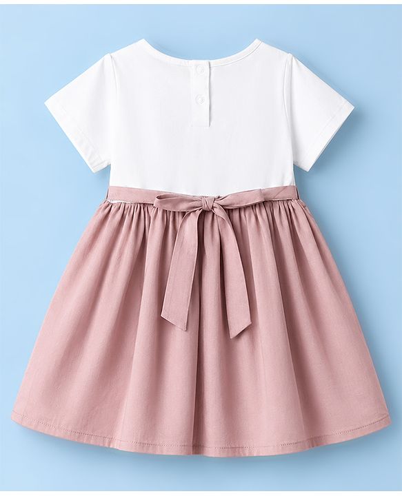 Babyhug Poplin Woven Frock with Half Sleeves and Floral Embroidery in Pink