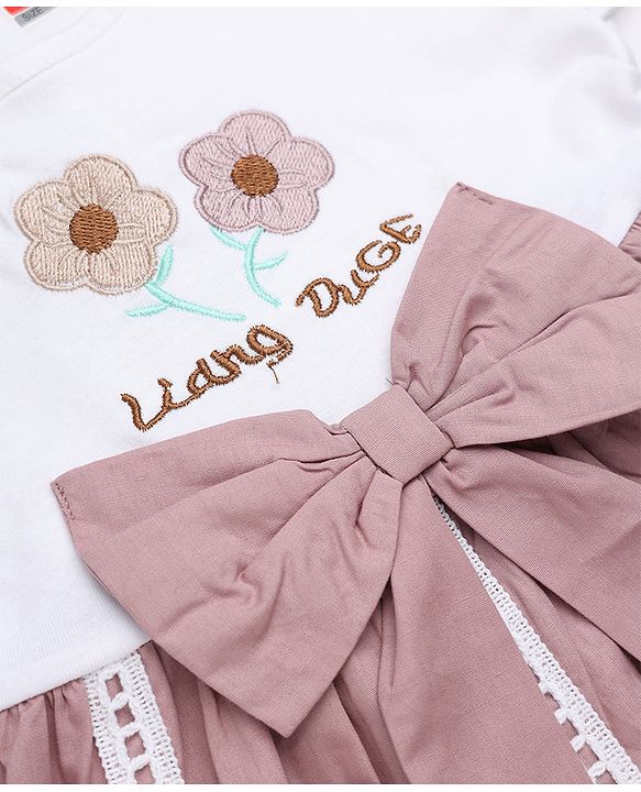 Babyhug Poplin Woven Frock with Half Sleeves and Floral Embroidery in Pink