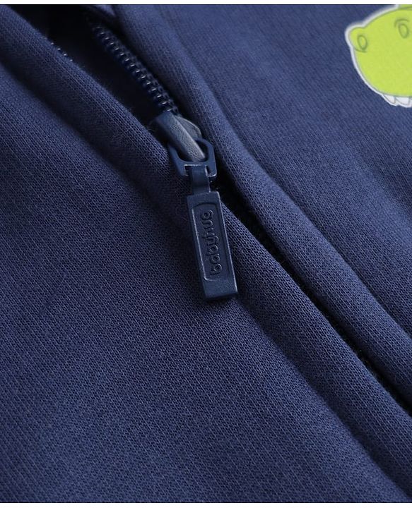 Babyhug Heavy Gauge Fleece Knit Full Sleeves Hooded Sweat Jacket With Dinosaur & Text Print - Navy Blue