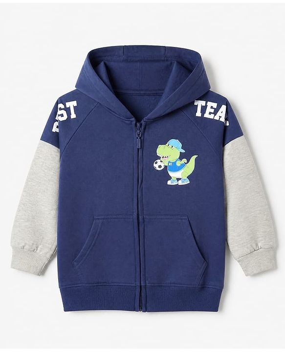 Babyhug Heavy Gauge Fleece Knit Full Sleeves Hooded Sweat Jacket With Dinosaur & Text Print - Navy Blue