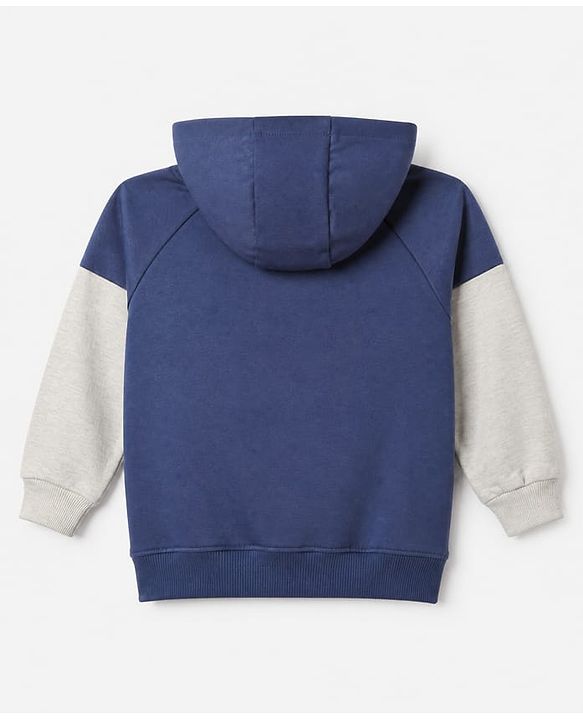 Babyhug Heavy Gauge Fleece Knit Full Sleeves Hooded Sweat Jacket With Dinosaur & Text Print - Navy Blue