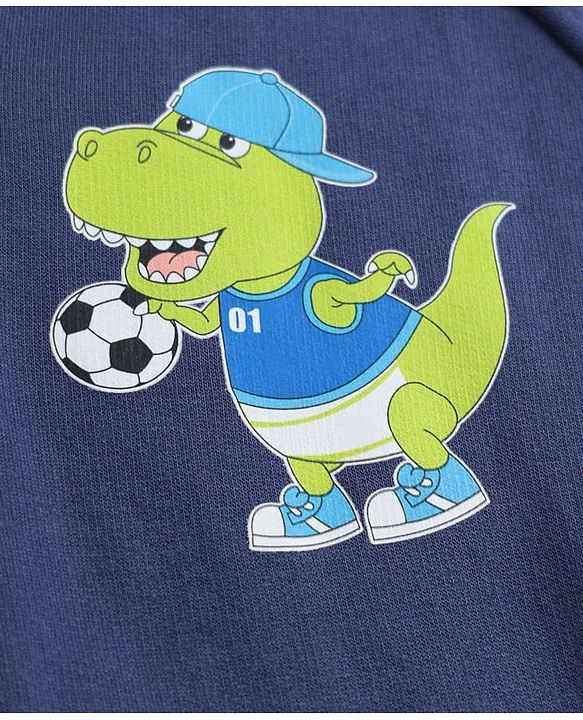 Babyhug Heavy Gauge Fleece Knit Full Sleeves Hooded Sweat Jacket With Dinosaur & Text Print - Navy Blue