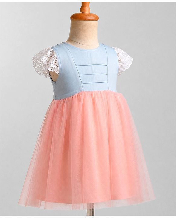 Babyhug Mesh Woven Cap Sleeves Frock With Floral Applique - Peach
