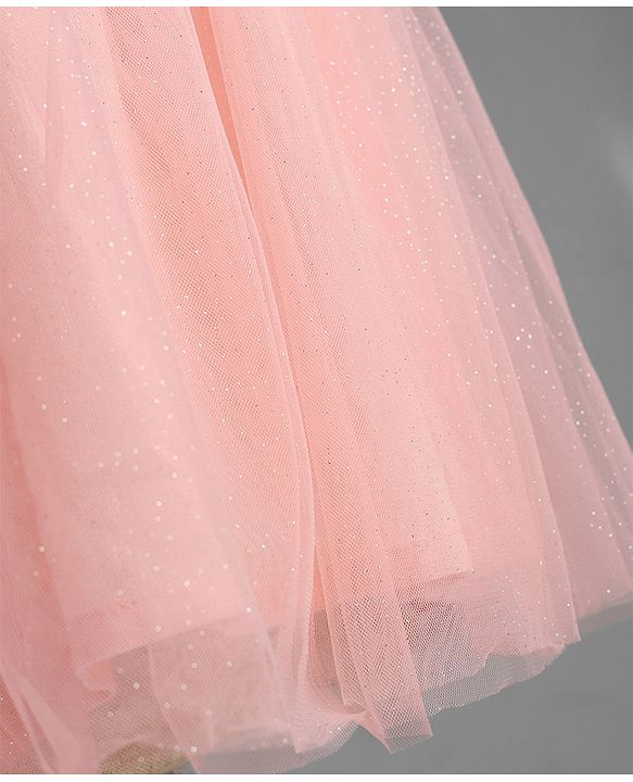Babyhug Mesh Woven Cap Sleeves Frock With Floral Applique - Peach
