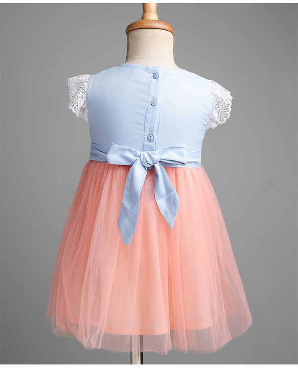 Babyhug Mesh Woven Cap Sleeves Frock With Floral Applique - Peach