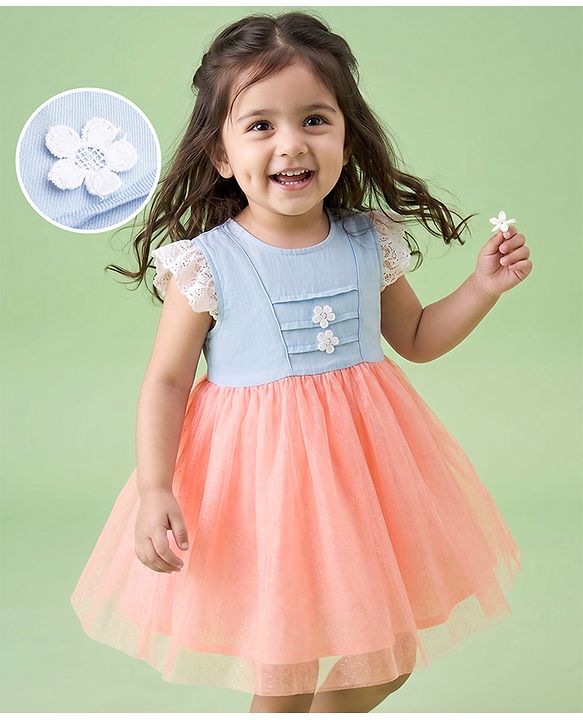 Babyhug Mesh Woven Cap Sleeves Frock With Floral Applique - Peach
