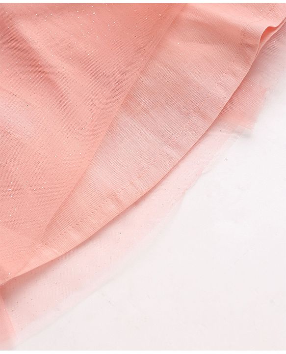 Babyhug Mesh Woven Cap Sleeves Frock With Floral Applique - Peach